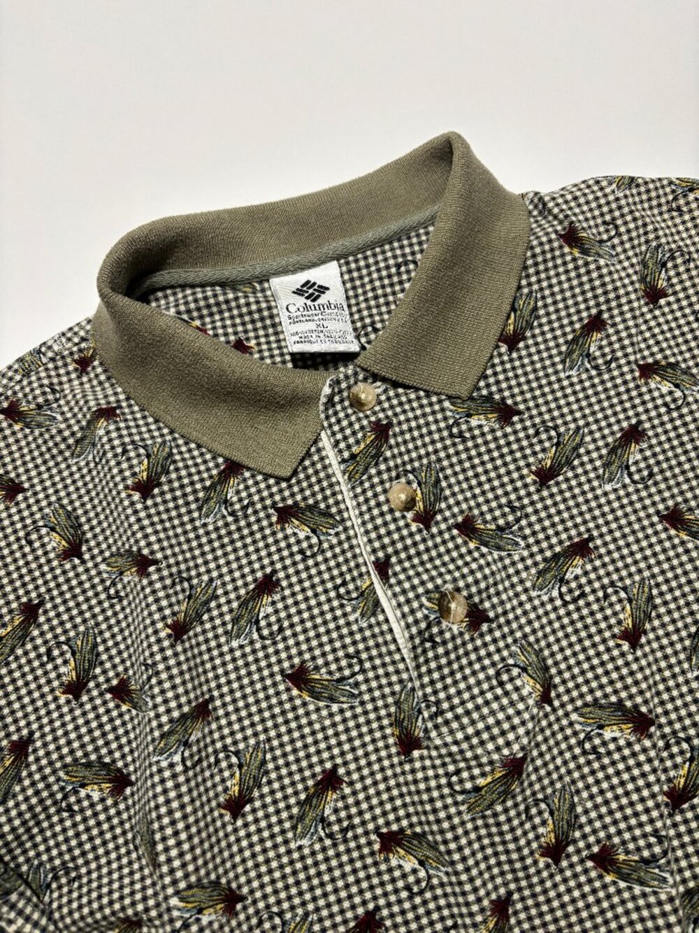 Columbia Sportswear Olive Green & White Gingham Vintage Fly Fish Cotton Polo
